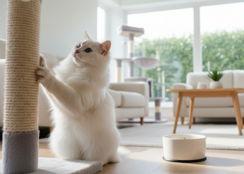 Ankara Kedisi İçin En İyi Aksesuarlar: Satın Alma Rehberi 17 A photorealistic, elegant long-haired white Ankara cat is the main subject, captured in a bright, airy living room with modern, minimalist decor
