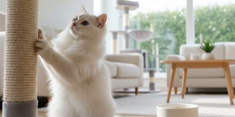Ankara Kedisi İçin En İyi Aksesuarlar: Satın Alma Rehberi 1 A photorealistic, elegant long-haired white Ankara cat is the main subject, captured in a bright, airy living room with modern, minimalist decor