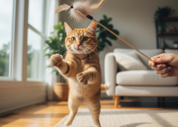 Aquael Kedi Oyuncağı Nasıl Kullanılır? Adım Adım Rehber 11 A photorealistic, close-up action shot of a playful ginger tabby cat in mid-air, paws outstretched, trying to catch the feathered end of a wooden wand toy