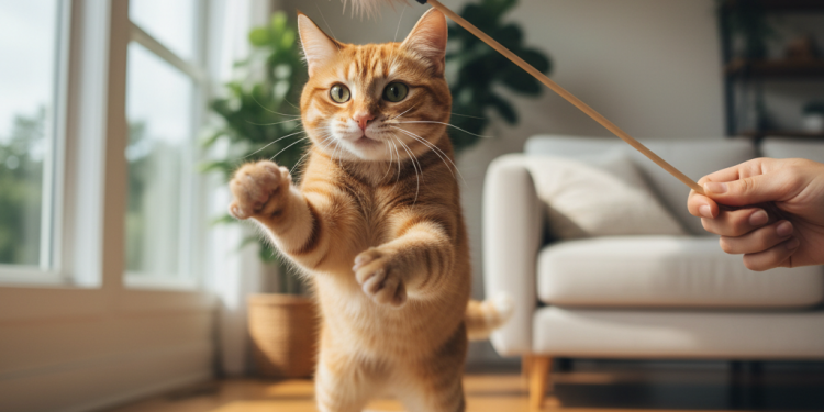 Aquael Kedi Oyuncağı Nasıl Kullanılır? Adım Adım Rehber 1 A photorealistic, close-up action shot of a playful ginger tabby cat in mid-air, paws outstretched, trying to catch the feathered end of a wooden wand toy