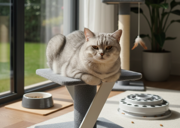 British Shorthair İçin Aksesuar Kontrol Listesi: 10 Önemli Parça 9 A photorealistic, beautifully lit indoor scene focusing on a majestic silver-tabby British Shorthair cat