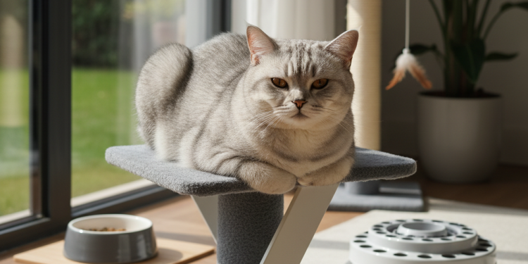 British Shorthair İçin Aksesuar Kontrol Listesi: 10 Önemli Parça 1 A photorealistic, beautifully lit indoor scene focusing on a majestic silver-tabby British Shorthair cat