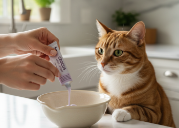 A close-up, photorealistic shot of a person's hands gently squeezing a tube of Crocus liquid cat treat into an elegant, shallow ceramic bowl