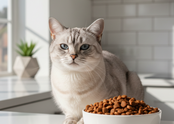 A photorealistic, high-quality image capturing a healthy and content domestic cat, perhaps a silver tabby or a Siamese mix, in a bright, modern kitchen