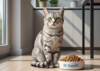 A photorealistic, heartwarming image of a beautiful domestic shorthair cat with glossy grey tabby fur, sitting elegantly on a modern, light-colored wooden floor