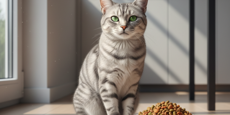 Dr Sacchi: Kediniz İçin En İyi 5 Mama — Uzman Önerileri 1 A photorealistic, heartwarming image of a beautiful domestic shorthair cat with glossy grey tabby fur, sitting elegantly on a modern, light-colored wooden floor