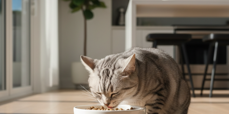 A photorealistic, high-resolution shot of a healthy and beautiful silver tabby cat eating kibble from a sleek, white ceramic bowl