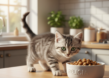 A photorealistic, high-detail shot of an adorable silver tabby kitten, full of curiosity, cautiously approaching a pristine white ceramic bowl filled with Felicia kitten kibble