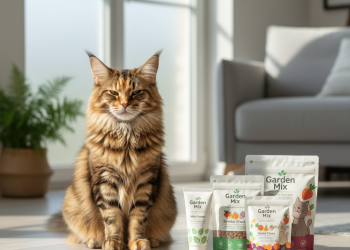 Garden Mix Mama ile Kedi Sorunlarını Hızlı ve Kalıcı Çözün 7 A photorealistic, high-resolution shot of a beautiful, healthy Maine Coon cat with a shiny, flowing coat