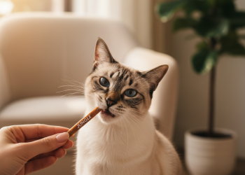 Jungle Mama ile Kedi Sorunlarına Etkili ve Doğal Çözümler 2 A beautifully lit indoor scene focusing on a happy and healthy domestic cat (a tabby or siamese) gently taking a Jungle brand stick treat from its owner's hand