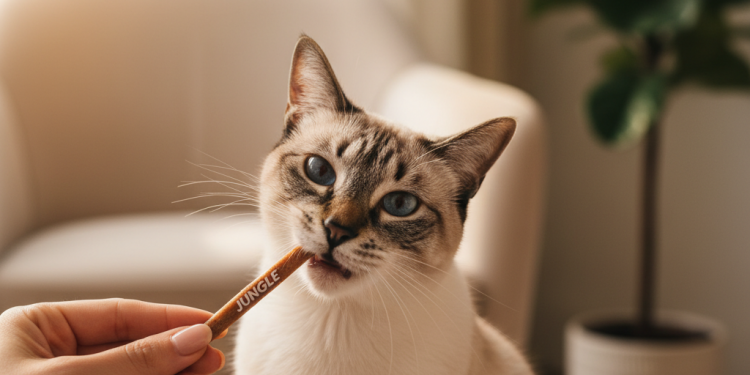 Jungle Mama ile Kedi Sorunlarına Etkili ve Doğal Çözümler 1 A beautifully lit indoor scene focusing on a happy and healthy domestic cat (a tabby or siamese) gently taking a Jungle brand stick treat from its owner's hand