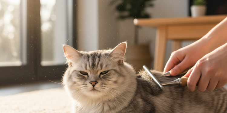 Kediniz İçin Doğru Bakım Ürününü Nasıl Seçersiniz? Adım Adım Rehber 1 A photorealistic, heartwarming image capturing a quiet moment of cat grooming