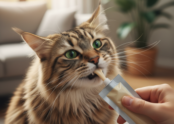A close-up, photorealistic shot of a beautiful long-haired cat, possibly a Maine Coon or a Siberian, with striking green eyes