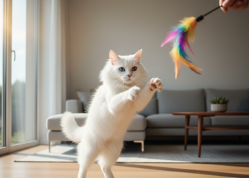 Mutlu ve Güvenli Van Kedisi İçin Eksiksiz Oyuncak Kontrol Listesi 18 A photorealistic, high-resolution shot of a stunning pure white Van cat with heterochromia—one eye a brilliant sapphire blue, the other a warm amber