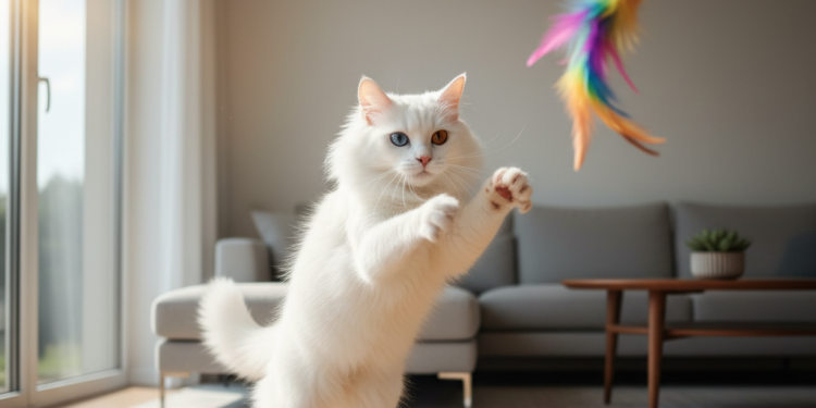 A photorealistic, high-resolution shot of a stunning pure white Van cat with heterochromia—one eye a brilliant sapphire blue, the other a warm amber