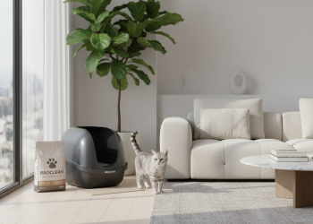 Proclean ile Kedi Hijyen Ürünü Satın Alma Rehberi: En İyi Seçimler 13 A photorealistic, high-end shot of a modern, minimalist living room with a sleek, grey cat litter box placed discreetly in a corner