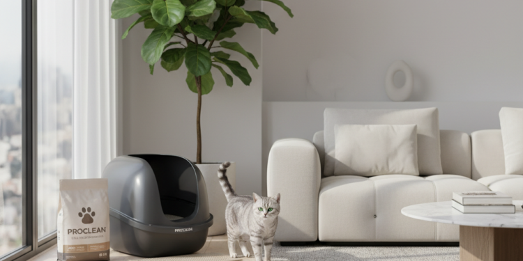 Proclean ile Kedi Hijyen Ürünü Satın Alma Rehberi: En İyi Seçimler 1 A photorealistic, high-end shot of a modern, minimalist living room with a sleek, grey cat litter box placed discreetly in a corner