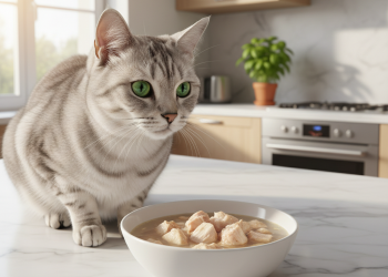 Schesir Kedi Maması: En İyi 10 Mama (Uzman Seçimleri) 10 A photorealistic, bright, and airy shot of a sleek silver tabby cat with striking green eyes