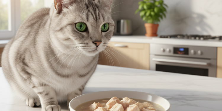 Schesir Kedi Maması: En İyi 10 Mama (Uzman Seçimleri) 1 A photorealistic, bright, and airy shot of a sleek silver tabby cat with striking green eyes