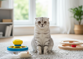 Scottish Fold Kedileri İçin En İyi 10 Oyuncak: Eğlence ve Konfor 14 A photorealistic, heartwarming medium shot of a beautiful silver tabby Scottish Fold cat sitting in its characteristic 'Buddha' pose on a plush, light gray rug