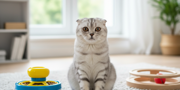 Scottish Fold Kedileri İçin En İyi 10 Oyuncak: Eğlence ve Konfor 1 A photorealistic, heartwarming medium shot of a beautiful silver tabby Scottish Fold cat sitting in its characteristic 'Buddha' pose on a plush, light gray rug
