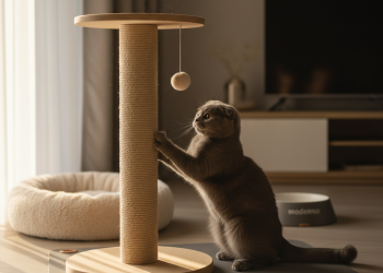 A photorealistic, high-detail shot of a healthy and content Scottish Fold cat in a beautifully lit, modern living room