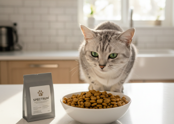 Spectrum: Kedi İçin En İyi 10 Mama - Sağlıklı ve Lezzetli Seçimler 4 A bright, clean kitchen setting with a beautiful, healthy cat (a sleek silver tabby) eagerly looking at a bowl of high-quality dry kibble