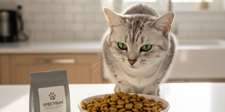 A bright, clean kitchen setting with a beautiful, healthy cat (a sleek silver tabby) eagerly looking at a bowl of high-quality dry kibble