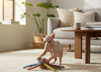 Sphynx Kedileri İçin En İyi 5 Oyuncak: Sıcacık ve Eğlenceli 12 A photorealistic image of a playful Sphynx cat in a cozy, modern living room