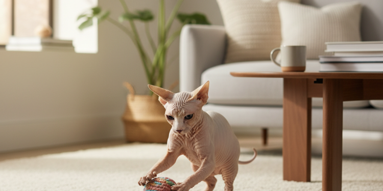Sphynx Kedileri İçin En İyi 5 Oyuncak: Sıcacık ve Eğlenceli 1 A photorealistic image of a playful Sphynx cat in a cozy, modern living room