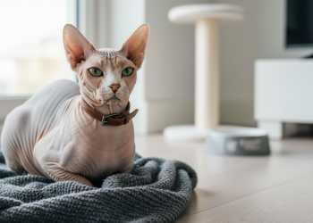 Sphynx Kediniz İçin En İyi Aksesuarlar: Satın Alma Rehberi 8 A photorealistic image capturing a serene and elegant Sphynx cat in a modern, brightly lit apartment