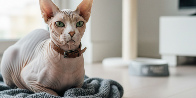 Sphynx Kediniz İçin En İyi Aksesuarlar: Satın Alma Rehberi 1 A photorealistic image capturing a serene and elegant Sphynx cat in a modern, brightly lit apartment