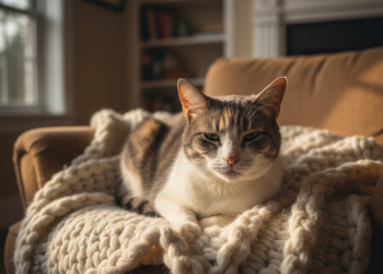 Yaşlı Kedilerin Özellikleri ve Doğru Beslenme Rehberi 5 A photorealistic shot of a wise-looking senior domestic shorthair cat, with elegant grey and white fur, peacefully resting on a soft, cream-colored knitted blanket