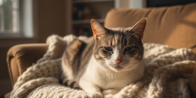 A photorealistic shot of a wise-looking senior domestic shorthair cat, with elegant grey and white fur, peacefully resting on a soft, cream-colored knitted blanket