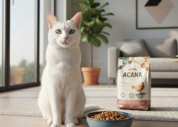 A healthy, beautiful adult cat, possibly a sleek Turkish Angora, is sitting gracefully in a modern, sunlit living room with minimalist decor