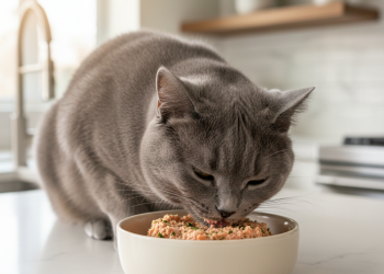 A photorealistic, close-up shot of a healthy, elegant adult cat, perhaps a British Shorthair or a domestic shorthair, eagerly eating from a ceramic bowl filled with gourmet paté-style wet cat food
