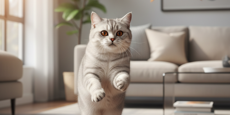 A photorealistic, bright indoor shot of a plush, silver-tabby British Shorthair cat with striking copper eyes