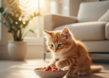 A photorealistic, heartwarming shot of a fluffy ginger kitten with large, curious green eyes, captured mid-play in a sun-drenched, modern living room