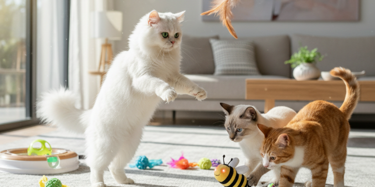 A bright, sunlit modern living room with a playful and warm atmosphere