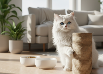 A stunningly beautiful, photorealistic long-haired white Persian cat is the center of attention in a bright, modern, and elegantly decorated living room