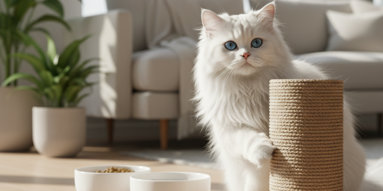 A stunningly beautiful, photorealistic long-haired white Persian cat is the center of attention in a bright, modern, and elegantly decorated living room