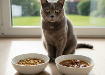 A photorealistic, heartwarming shot of a healthy domestic shorthair cat with a glossy grey coat