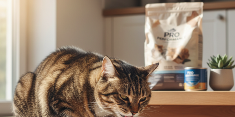 Pro Performance Kedi Maması Nasıl Kullanılır? Adım Adım Rehber 1 A photorealistic, heartwarming shot of a healthy domestic shorthair cat with glossy tabby fur, happily eating from a clean, white ceramic bowl