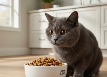A photorealistic, heartwarming shot of a healthy adult British Shorthair cat with a glossy grey coat