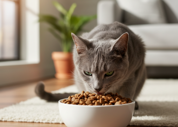 A photorealistic close-up shot of a beautiful, healthy adult cat with sleek, shiny fur (perhaps a silver tabby or a Russian Blue) eating from a clean, white ceramic bowl filled with Purina One beef...