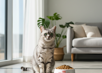 A photorealistic, bright, and airy shot of a healthy adult cat in a modern, sunlit living room