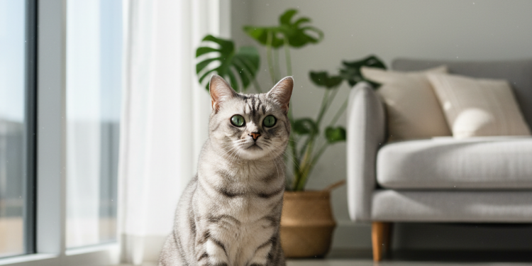 A photorealistic, bright, and airy shot of a healthy adult cat in a modern, sunlit living room