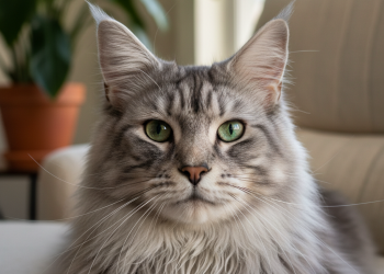 A photorealistic, heartwarming close-up shot of a serene senior cat, perhaps a silver Maine Coon with wise, gentle green eyes, looking affectionately at the camera
