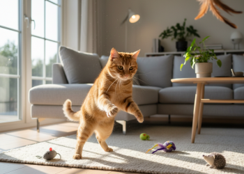 A photorealistic, high-resolution image captures a playful ginger tabby cat in mid-pounce inside a bright, airy living room with minimalist Scandinavian decor