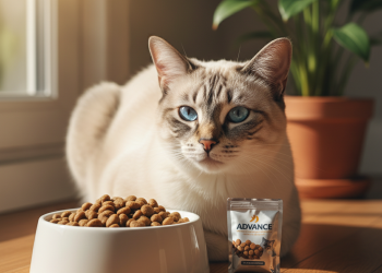 A photorealistic, heartwarming close-up shot of a healthy and content Siamese cat with striking blue eyes